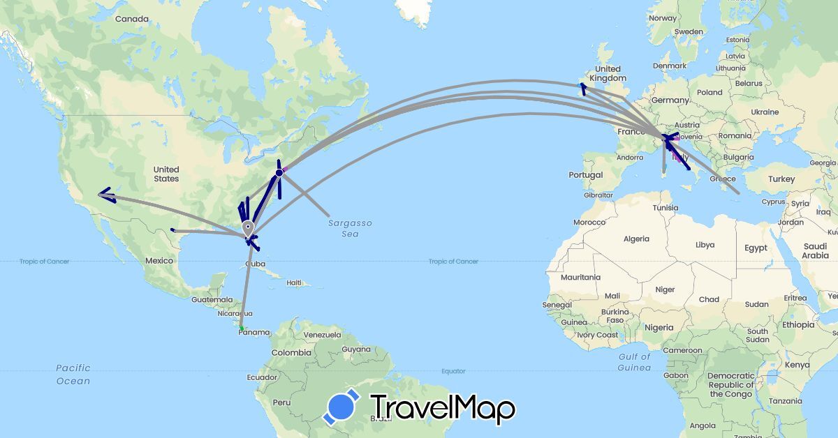 TravelMap itinerary: driving, bus, plane, cycling, train, boat in Bermuda, Switzerland, Costa Rica, France, United Kingdom, Greece, Ireland, Italy, United States (Europe, North America)